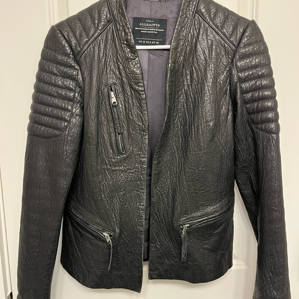 All Saints Leather Jacket Women Black Size US 6 Unique Biker Fitted